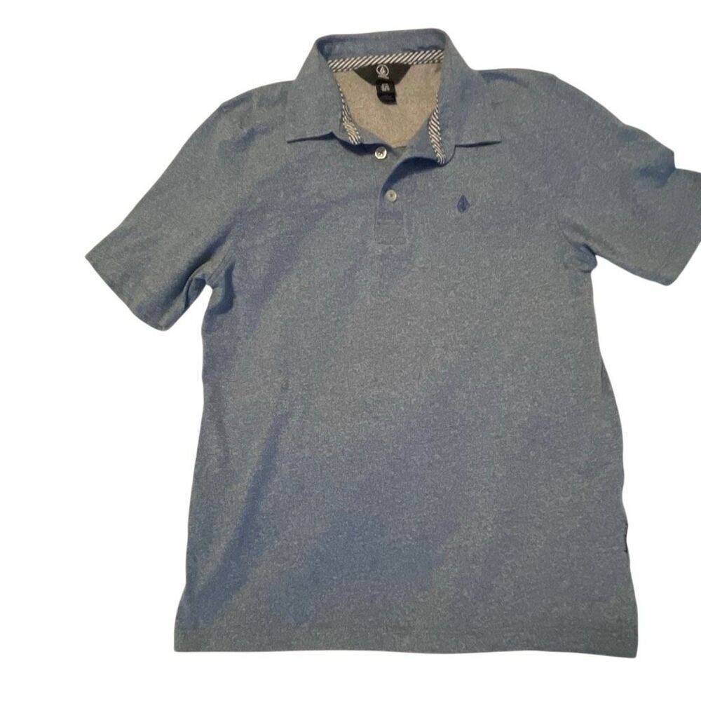 EUC! Volcom Boys Short Sleeve 3 Button Heathered Blue Polo Shirt Size M